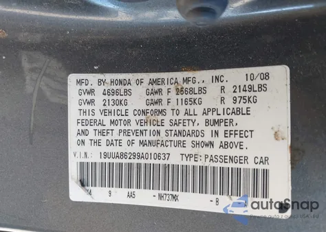 2009 Acura Tl 3.5 из США, поврежденный, VIN 19UUA86299A010637